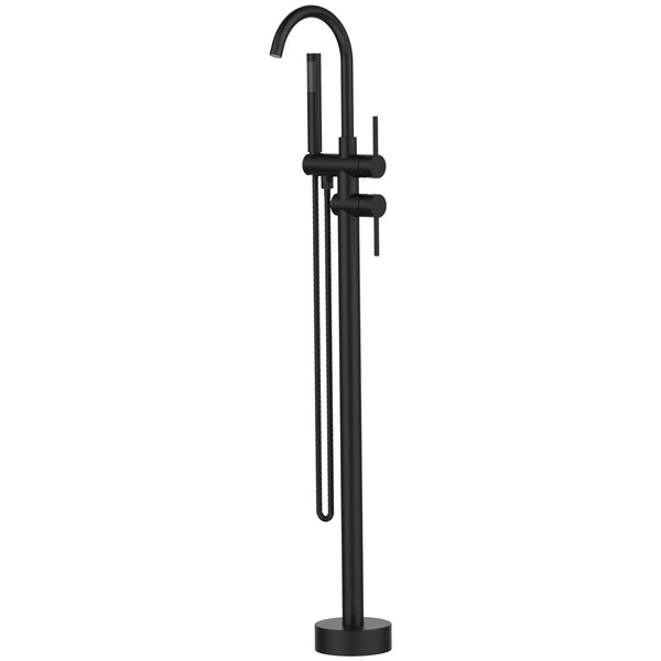 English Elm Floor Mount freestanding bathtub faucet with matte black finish, high-flow single-handle tub filler with handheld shower and 360° swivel spout, durable stainless steel and brass construction Matt Black T3177P277532