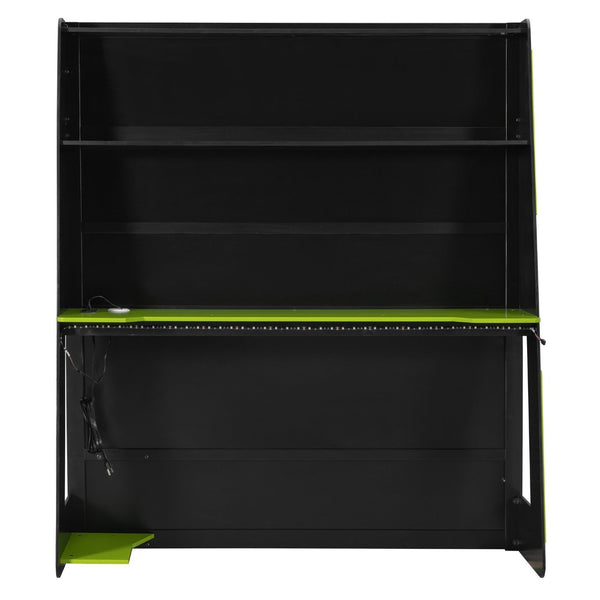 English Elm Full Size Wood Loft Bed with Rgb Lighting Desk Storage and Gaming Console Shelf Green LT000260AAG