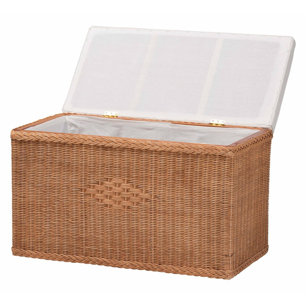 English Elm Braided Rattan Mahogany Storage Bench with Cushioned Lift Top for Coastal Boho Rooms B2750P467839