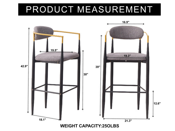 English Elm Modern Upholstered Barstool Set Grey Fabric Gold Armrests Ergonomic Kitchen Counter W5501P462386