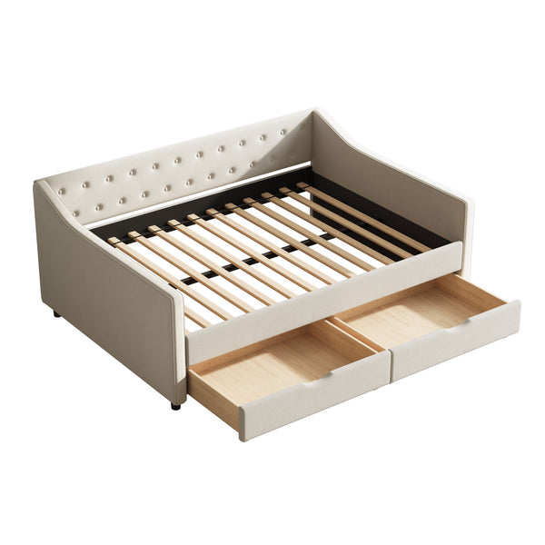 English Elm Full Size Upholstered Daybed With Storage Drawers - Elegant Tufted Sofa Bed In Beige For Versatility W2336S00034