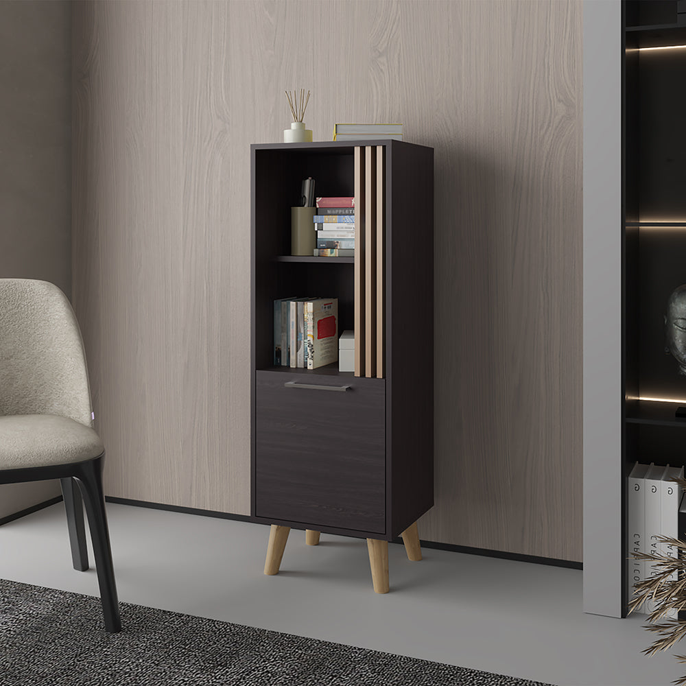 English Elm Bedford Modern Storage Cabinet in Black & Light Oak with Slatted Doors, Open Shelves & Hidden Compartment B092P269902