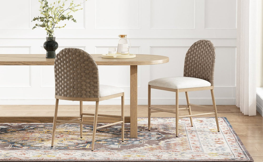 English Elm Farmhouse Armless Dining Chairs Set of 2 Woven Rattan Back Iron Frame Cushioned N762P329084D