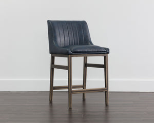 Sunpan Halden Urban Bar Stool with Bold Channel Tufting and Rustic Bronze Steel Frame for Stylish Spaces Vintage Blue