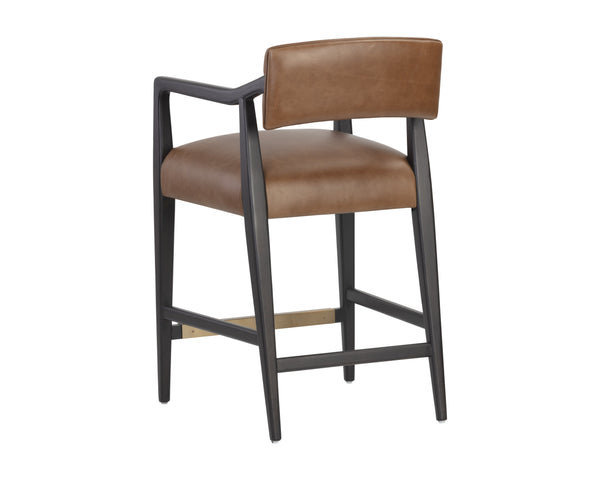 Sunpan Keagan Bar Stool - Mid-Century Design with Dark Brown Oak Frame and Artisan Leather Craftsmanship Shalimar Tobacco Leather