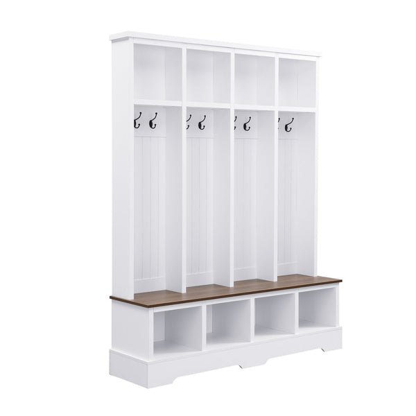 English Elm Farmhouse Hall Tree with Triple Arch Back Panel Eight Hooks Drawers and Entryway Bench White N721S000075K