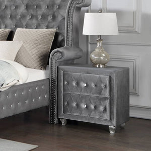English Elm Glam Upholstered Nightstand with Acrylic Button Tufting Velvet Cabriole Feet Bedroom Gray B2741P435908