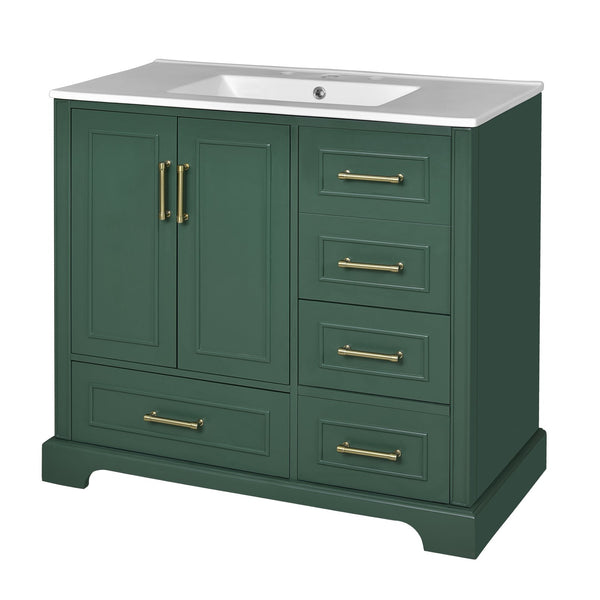 English Elm 36" Traditional Bathroom Vanity with Ceramic Sink, Solid Wood Cabinet, Soft-Close Doors & Drawers Green N729P251630F