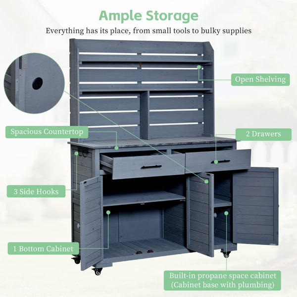English Elm (assembly Video) Topmax Solid Fir Outdoor Potting Bench Grill Cart with Hutch Storage Gray N717P404333E
