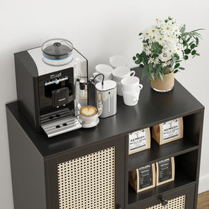 English Elm Rattan Cane Front Sideboard with Drawers Adjustable Shelf Bohemian Storage Cabinet Black T3623P434723