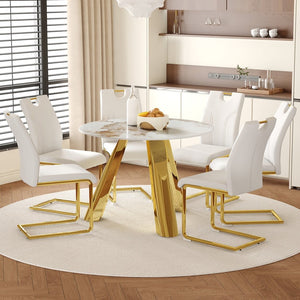 English Elm Table 7-Piece Dining Set: 42-Inch White Imitation Marble Round Table With 6 Gold-Leg Chairs W2920S00050-GIGA