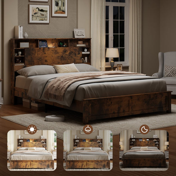 English Elm Full Platform Bed Wood Headboard with Led Lighting Charging Ports and Bookcase Storage W636P444676