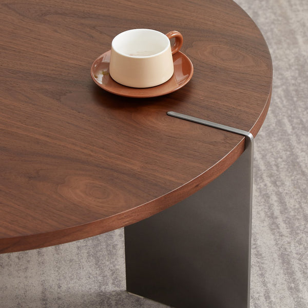 English Elm Round Round Coffee Table with Distressed Walnut Laminate Top and Sturdy Metal Frame, Eco-Friendly Finish Dark Brown W820S00065