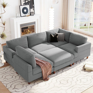 English Elm U_Style Modular Sectional Sofa with Ottoman — Spacious 5-6 Seater L-Shaped Corner Sofa, Plywood Frame, Durable Polyester Upholstery Gray WY000421AAE