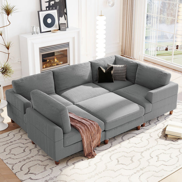 English Elm U_Style Modular Sectional Sofa with Ottoman — Spacious 5-6 Seater L-Shaped Corner Sofa, Plywood Frame, Durable Polyester Upholstery Gray WY000421AAE