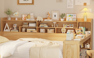 English Elm Wooden Full Size Daybed with Built-In Desk, Side Shelves and Dual Drawers for Organized Living Natural 70 L x 18.6 W x 5.5 H N733S241486M