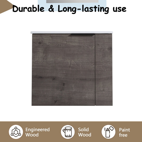 English Elm Bathroom Vanity Ceramic Sink 22" Floating Wall-Mount Vanity with Matte Black Handle and Soft Close Door Plaid Grey Oak W99968776