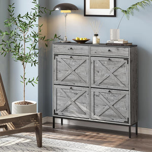 English Elm Large Shoe Cabinet with 4 Flip Drawers for Entryway — Space-Saving 32–40 Pair Organizer, Sleek Wash Finish Blush+Grey W295P198933