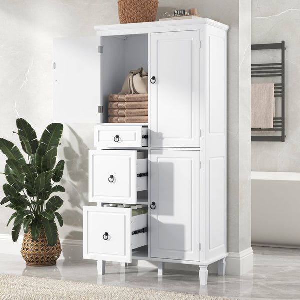 English Elm Retro Multi-Functional Storage Cabinet with Adjustable Shelves, 3 Drawers & Doors, Stylish White Organizer for Living Room Bathroom Kitchen Office - Elegant, Space-Saving Design N725P236498K