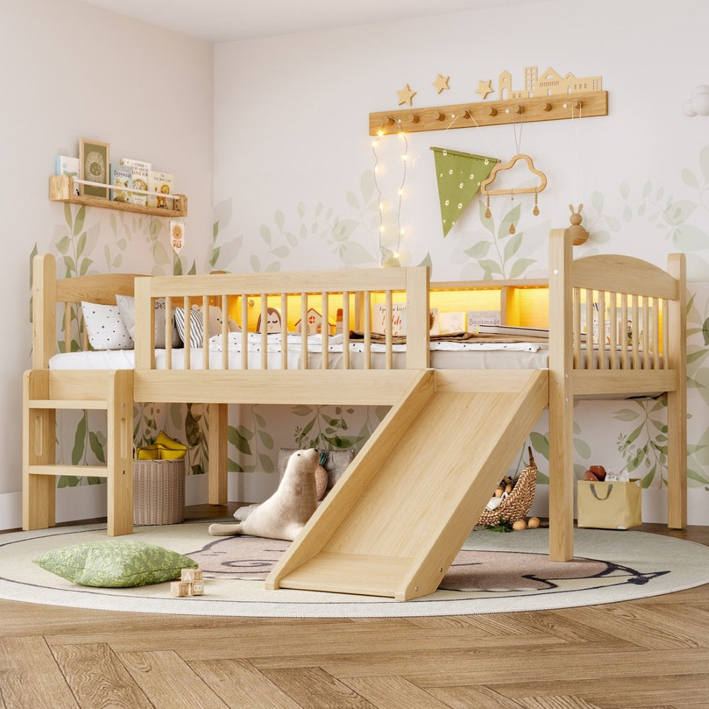 English Elm Twin Xl Solid Pine Loft Bed with Built-in Led Lighting and Storage Shelves Natural W1580S00366