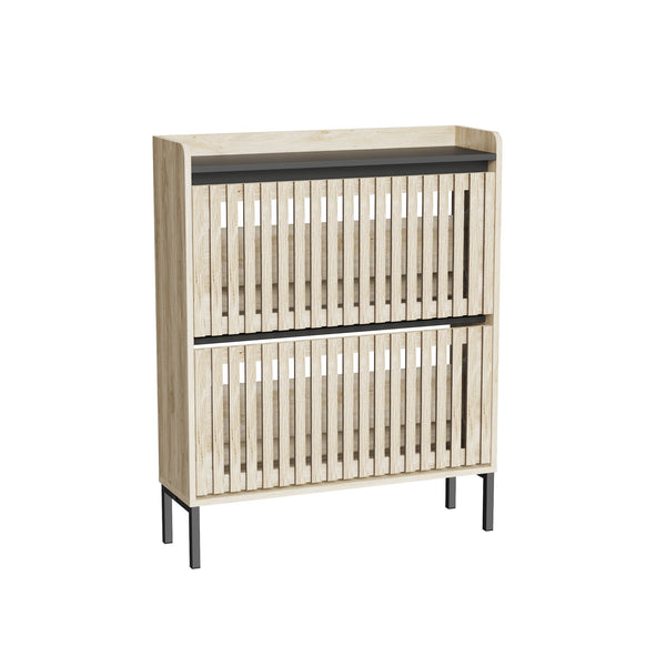 English Elm Fluted,2 Teak & Black Flip Shoe Cabinet with Fenced-Element Doors, Compact Multi-Layer Entryway Storage Solution W2673P209455