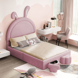 English Elm Full Size Upholstered Rabbit-Shape Bed With 2 Storage Stools, Velvet Platform Bed With Cartoon Ears Shaped Headboard, Pink