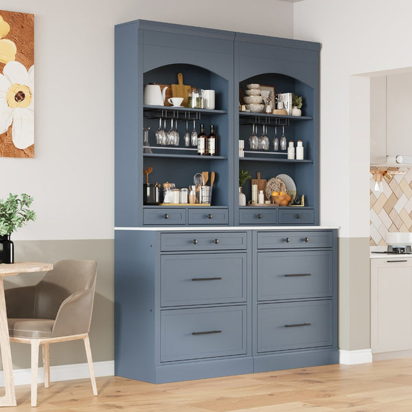 English Elm Modern Tall Kitchen Pantry Set of Two with Faux Marble Top and Glass Holders Gray SP000175AAE