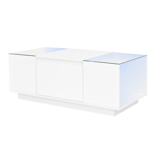 English Elm U-Can LED Coffee Table with Glass Top, 16-Color Bluetooth APP Lighting, Hidden Drawers & Open Storage White N724P290056K