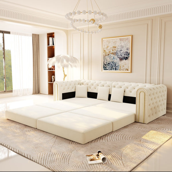 English Elm 90.2" Plush Teddy Fabric Convertible Sleeper Sofa with Hidden Storage for Living Room Beige+White W1885S00241