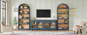 English Elm 3-piece Farmhouse Entertainment Center with Arched Glass Doors and Open Tower Shelving Blue N721S000070C