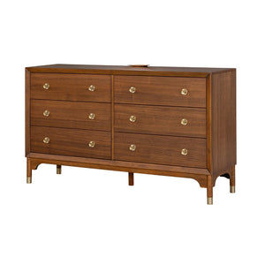 English Elm 1pc Walnut Six Drawer Dresser Gold Capped Legs Mid Century Modern Bedroom Storage B2741P446678