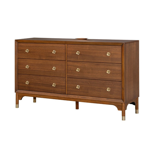English Elm 1pc Walnut Six Drawer Dresser Gold Capped Legs Mid Century Modern Bedroom Storage B2741P446678