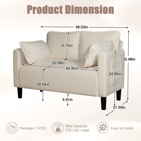 English Elm 48" Corduroy Compact Loveseat with Side Pocket Solid Wood Frame for Small Spaces Beige W2715P409864