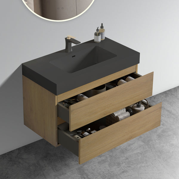 English Elm U092-Alice36W-106 Natural Oak 36" Wall-Mounted Bathroom Vanity with Black One-Piece Basin, Soft-Closing Drawers, Extra Storage, Handle-Free Modern Design W1865S00045