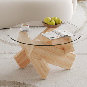 English Elm Circular Tempered Glass Round Coffee Table with Wood Tone Mdf Legs for Modern Living W1151P146792