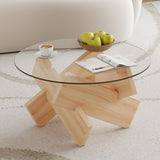 English Elm Circular Glass Coffee Table, 33.4-Inch Modern and Distinctive Design Tea Table. Tempered Glass Countertop, Wood Colored Mdf Table Legs. Suitable For Living Rooms and Farmhouses