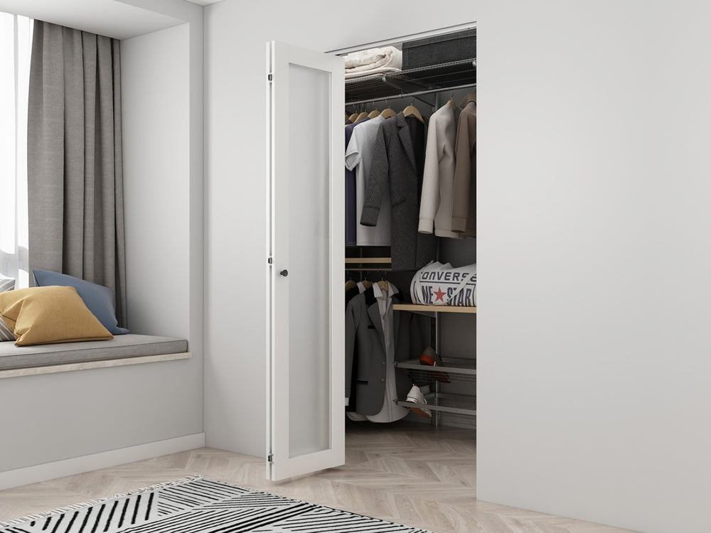 English Elm 30 in Matte Mdf Bi-fold Door with Frosted Glass Panels Hardware and Handle Included B2763P483196