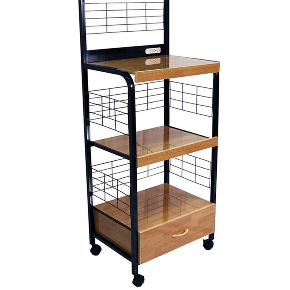 English Elm 59.5" Tall 4-Tier Microwave Kitchen Cart with Drawer, Wheels & Dual Outlets - Black/Natural Mobility and Storage B072115977