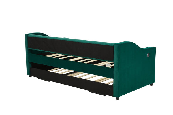 English Elm Twin Velvet Daybed with Pull Out Trundle Tufted Back Usb Port and Side Pockets Emerald W1361S00038