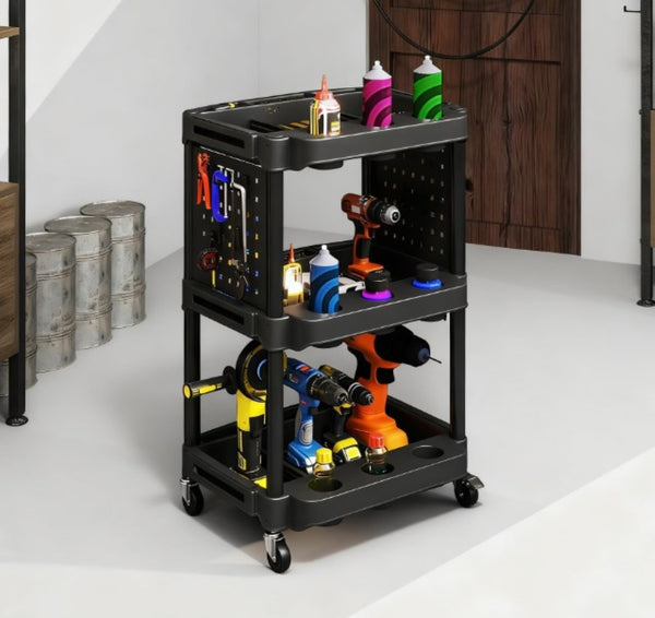 English Elm Capacity Three Tier Plastic Rolling Workshop Cart with Hooks Side Shelves Garage T3971P412729