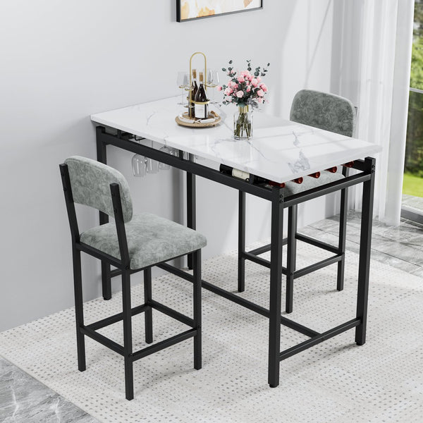English Elm Modern Bar Table Set for 2 with Marble-Style MDF Top, Sturdy Steel Frame, Cushioned PU Chairs, Grey/Black Finish W578P150070