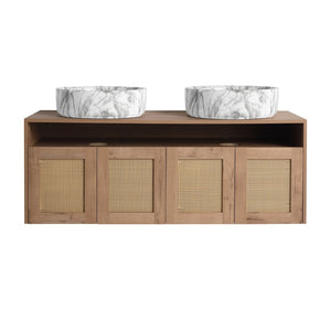 English Elm 48" Floating Bathroom Vanity Oak Finish Dual Ceramic Sinks Four Soft Close Doors W999S00494
