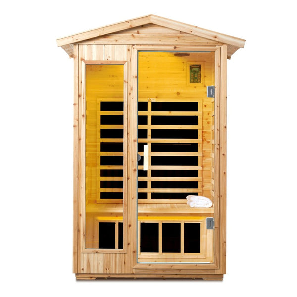 English Elm Two Person Old Fir Outdoor Far Infrared Sauna with Bluetooth and Lcd Controls W632S00010