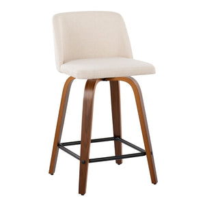 English Elm Toriano 24" Mid-Century Modern Swivel Counter Stool Set In Walnut Wood & Cream Fabric - Stylish Comfort B202S00121-GIGA