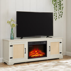 English Elm Natural Rattan TV Stand Console with Fireplace Insert, 65" Wide Entertainment Center, Adjustable Shelves, Cable Management, Boho Midcentury Blend White W1758S00021