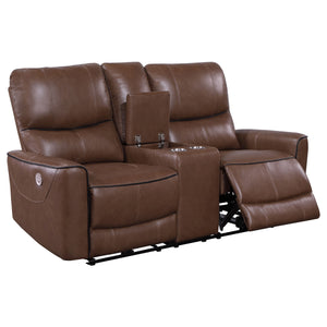 English Elm Denson Saddle Brown Power Reclining Loveseat with Console, Cup Holders & Easy-Care Leatherette Comfort B062P353262