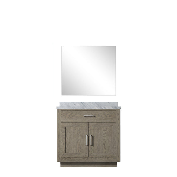English Elm Grey Oak Single Bath Vanity Set With Carrara Marble Top & 34" Frameless Mirror For Modern Spaces B2731S01398
