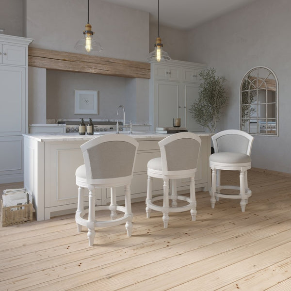 English Elm 26" Farmhouse Barrel Back Swivel Counterstool Upholstered Wood Frame Kitchen Island Seating White B2751P436470