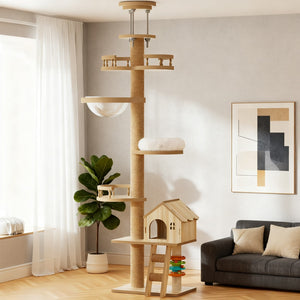 English Elm Floor to Ceiling Tension Mount Cat Tower with Sisal Post Hammock and Wood Condo Cave W3101P384990