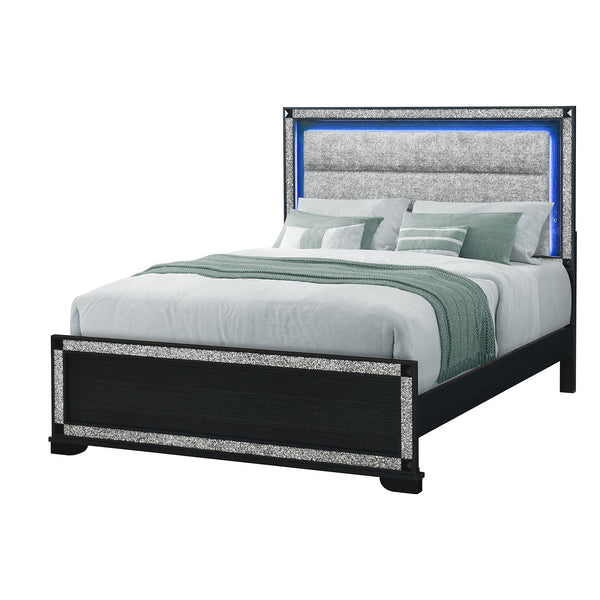 English Elm Soulmarie Solid Wood King Bed with Padded Headboard, LED Lights, Glitter Detail & Curved Legs Charcoal 66.54 L x 7.87 W x 34.65 H B201S00451